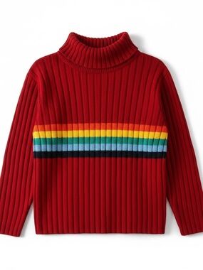 Kids Red Ribbed Turtleneck Sweater with Rainbow Stripe